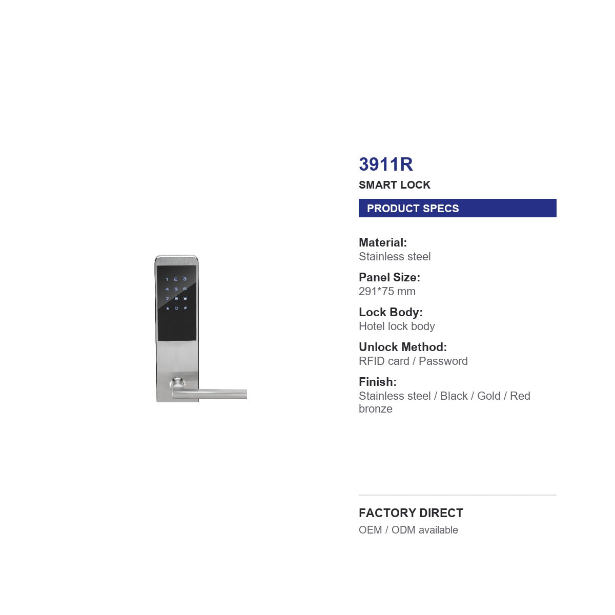 3911 reversible RFID hotel door lock product specifications