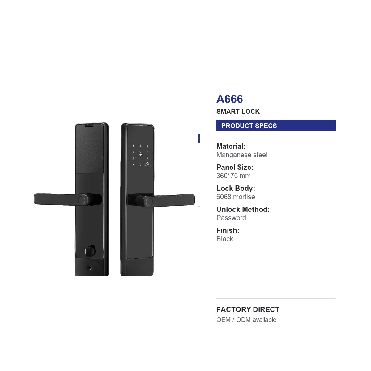 A666 password smart door lock product specifications