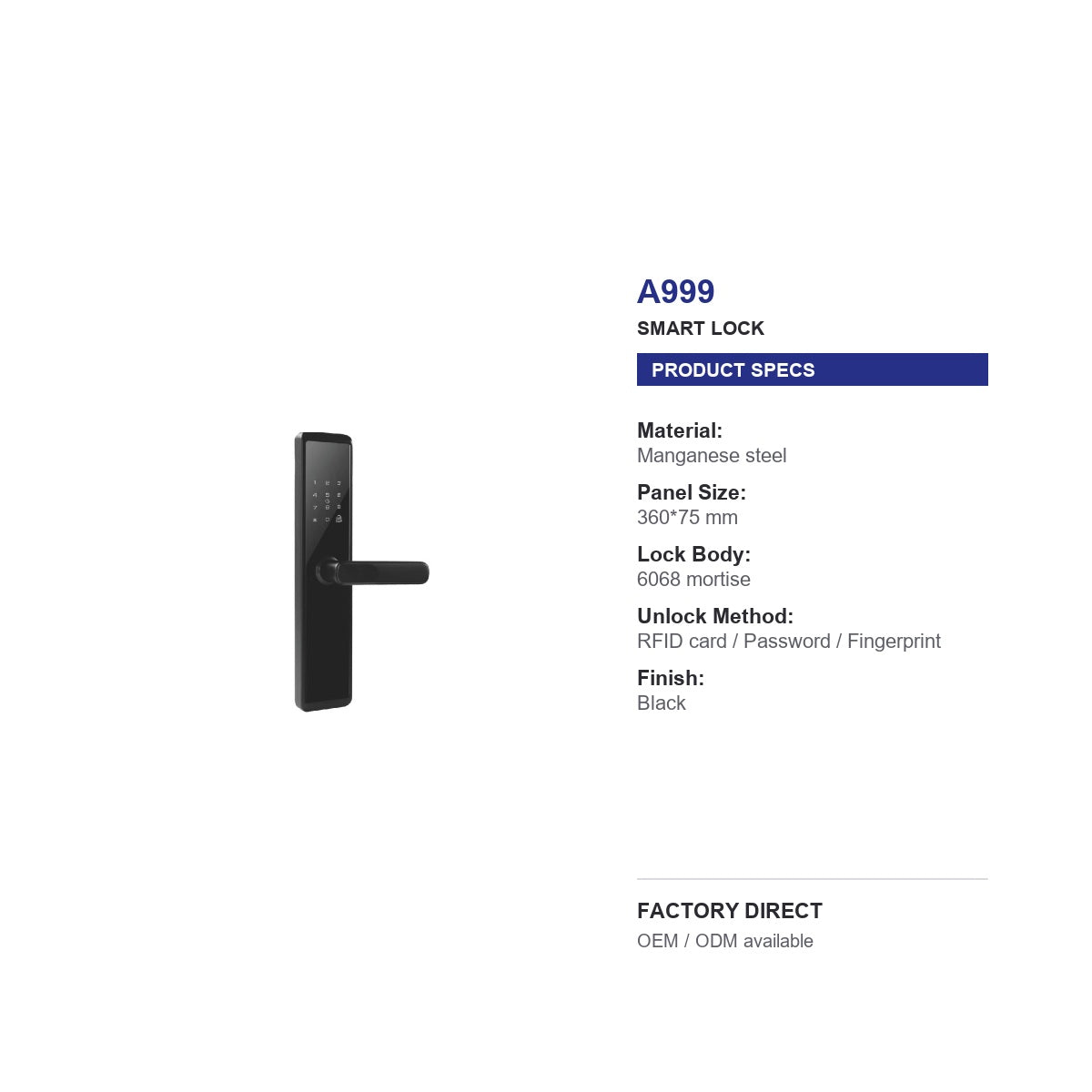 A999 fingerprint smart door lock product specifications