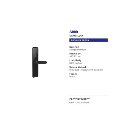 A999 fingerprint smart door lock product specifications