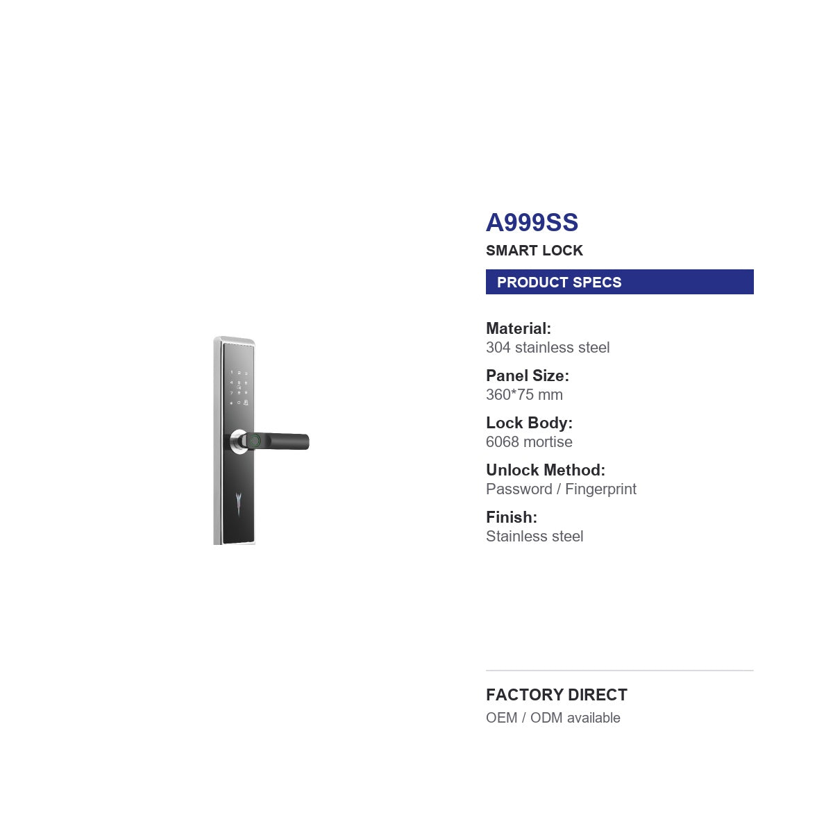 A999 stainless steel fingerprint door lock product specifications