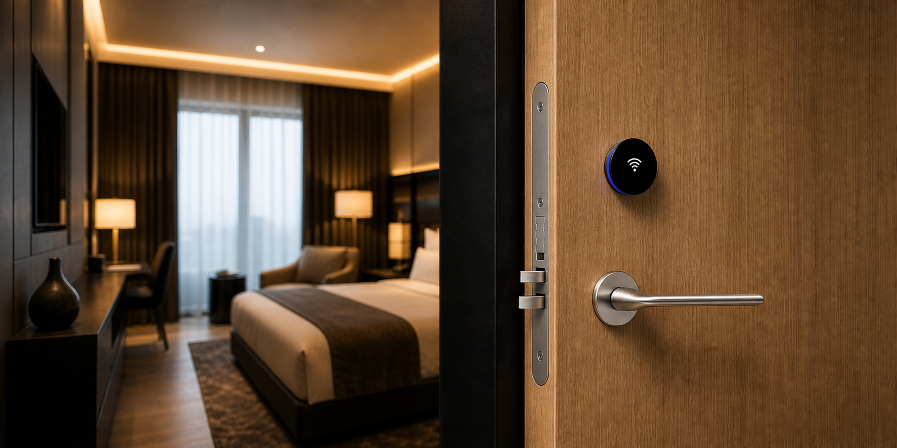 Premium hotel room entrance with smart hotel lock on the door