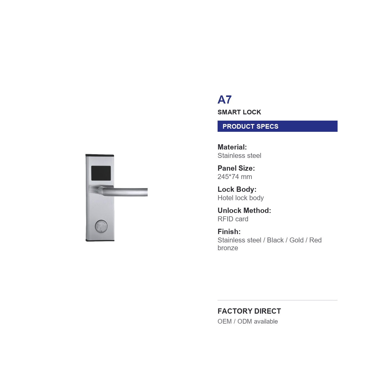 Square RFID hotel lock with A7 handle product specifications